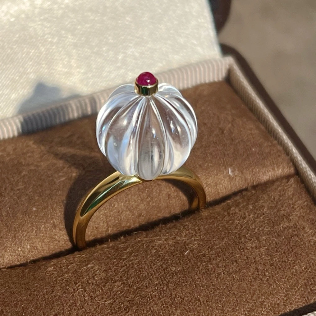 KQDANCE Real 925 Sterling Silver 14x14mm Natural White Crystal Luxury Pumpkin Design Ring For Women Fine Jewelty
