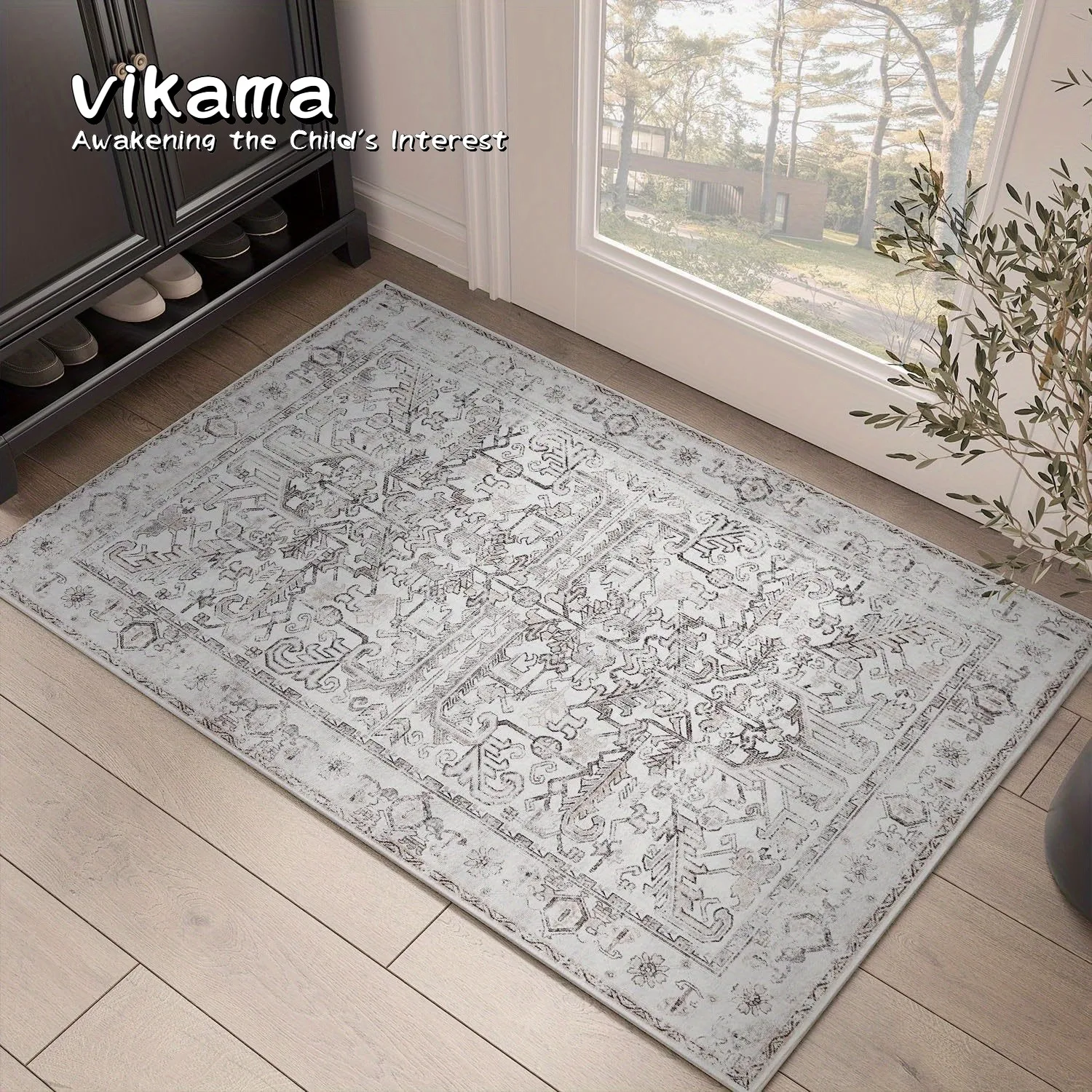 VIKAMA Bohemian Retro Style Carpet Machine Washable Decorative Carpet, Floral Pattern, Thin Indoor Rug non-slip