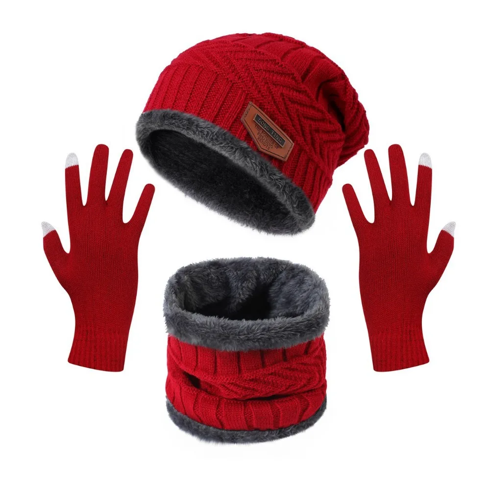 

4pcs/set Soft Winter Beanie Hat Scarf Set Thermal Protection Fleece Lined Thermal Knitted Gloves Thicken Cap Warm Wool Hat