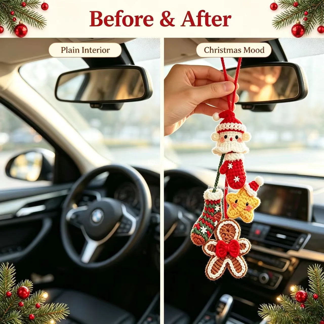 Handmade Crochet Christmas Car Rearview Mirror Hanging Ornament,Santa Bell Gingerbread Man Star Socks Glove Car Interior Decor