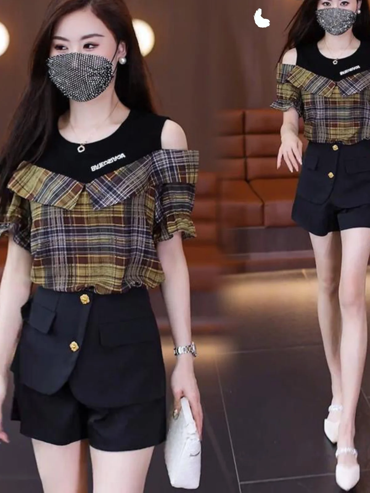 

Summer 2026 Plaid Shoulder Bared Loose Women's Shirt Trendy Patchwork Slimming Versatile Top round Neck Regular Sleeve Other ...