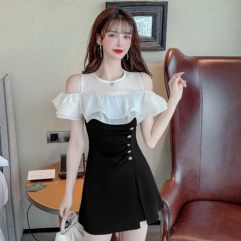 Summer New Style Stitching Casual Fashion Slim Round Neck Temperament Cold Shoulder Dress And Shorts Suit 2pcs Set Female