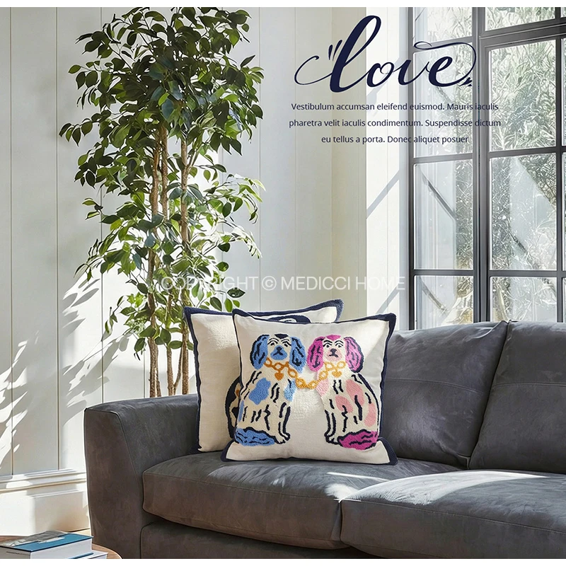 Medicci Home Unique And Funky Design Staffordshire Dogs Hook Throw Pillow Cover Luxury Tufting Cushion Case Housewarming Gifts