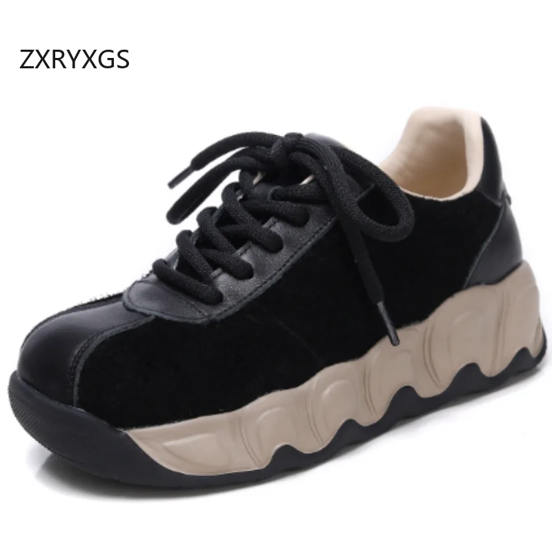 

ZXRYXGS Top Layer Cowhide Color Blocking Splicing Women Trendy Sneakers Platform Increase Shoes 2025 New Fashion Casual Sneakers