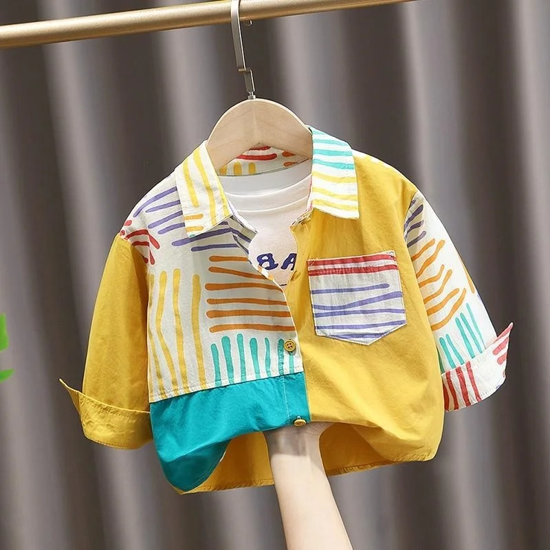 Chłopięca koszulka z długim rękawem, kurtka koszulowa, nowość na wiosnę i lato 2025, odzież dziecięca w paski z blokami kolorów