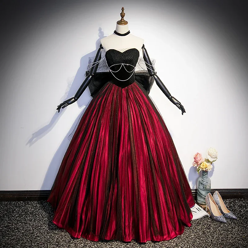 

Customized Evening Dress Black Wine Red Satin Beads Strapless Bow Floor Length Princess Plus Size Women party Formal Gown XE047