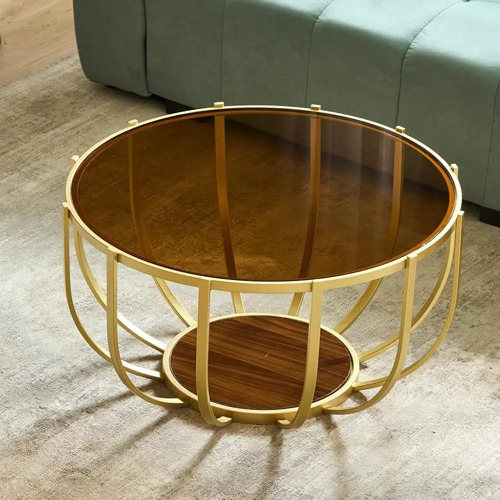 

Круглый стеклянный журнальный столик с золотистой металлической рамой, современный стильный стеклянный журнальный столик, столешница из янтарного закаленного стекла с нижней частью из орехового дерева