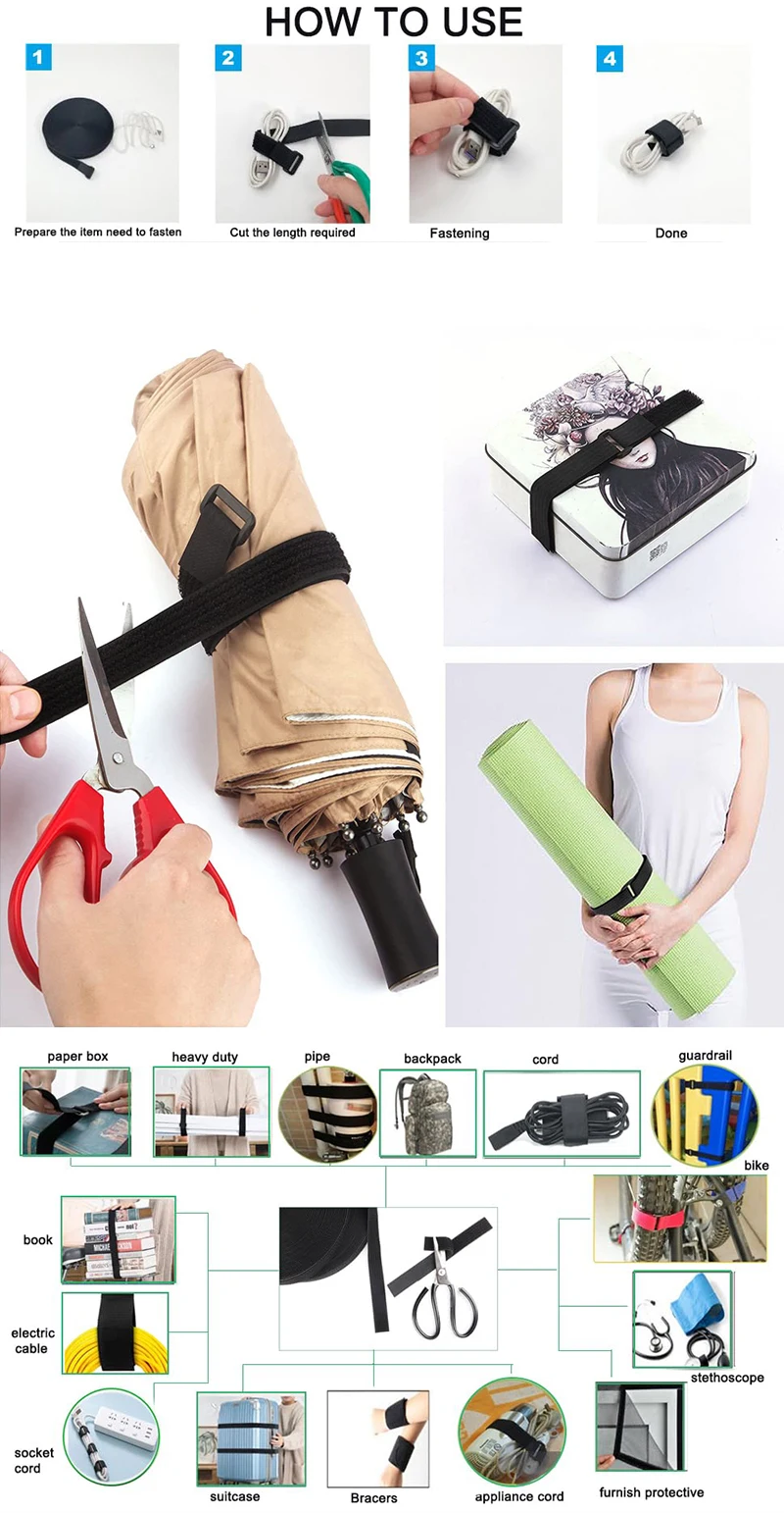 2 m wiederverwendbares Nylon-Kabellenband mit Klettverschluss, selbstklebender Sicherungsgurt zum Längen von Schnallen für Organizer oder Aufbewahrung – Detail 7
