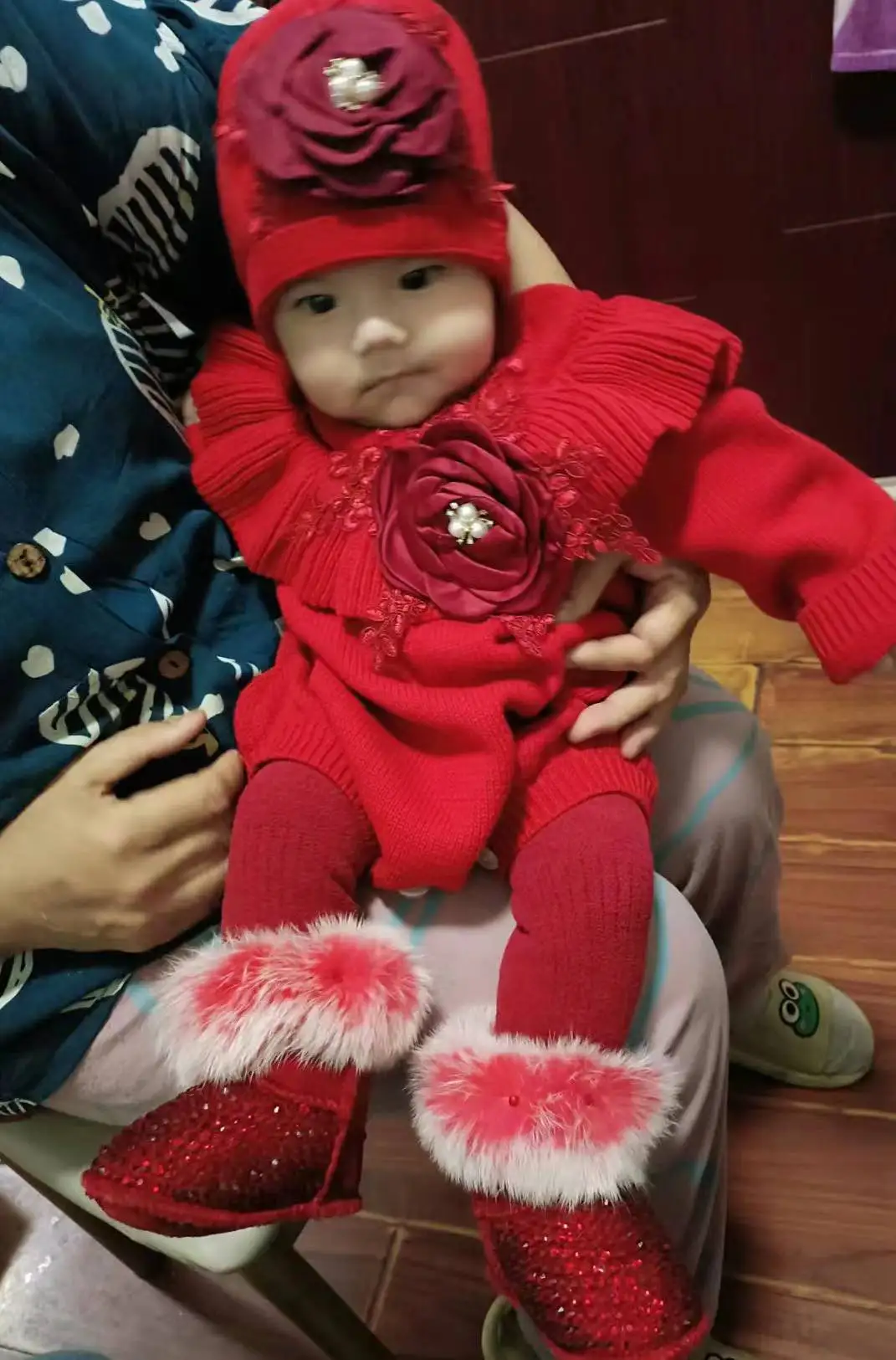 Christmas Baby Girl Red Sweater Outfit Toddler Knitted Lace Flower Romper Jewelry Onesie Cotton Jumpsuit and Turban Hat Set