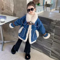2025 Autumn/Winter Children's Jacket Girls' Fashion Korean Top Middle Boy with Velvet Denim Coat Girls' Thick Cotton Coat