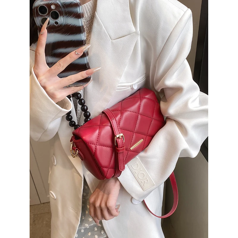 Fashion Light Luxury Red Crossbody Bag Design Sense Plaid Casual Shoulder Bag Wedding Bag Women\'s Pop High-end Small Square Bag