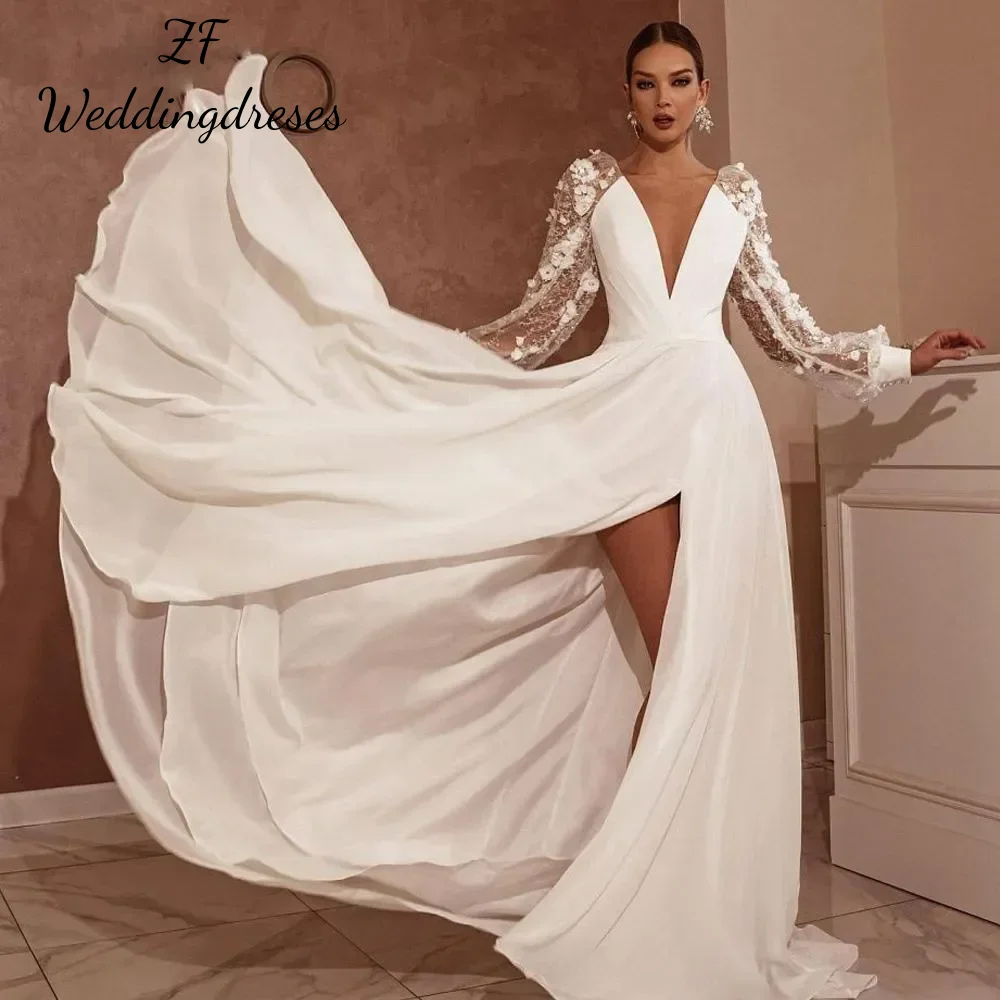 Customized A-line Elegant Women's Wedding Dress Puffy Sleeves Lace V-neck backless sexy side slit Bridal dress Beach Garden New