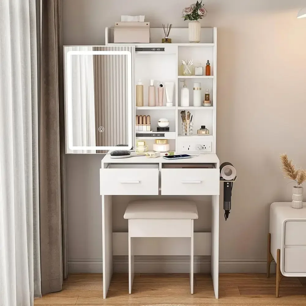 Compact Makeup Vanity Desk with Mirror, Lights, Stool, Storage, Charging Station for Women's Bedroom, Dining Room, White