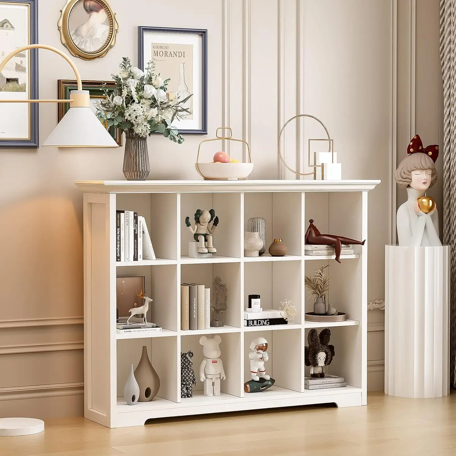12-Cube Open Bookcase with Base, 3-Tier Wooden Bookshelf, White | Curved Base, Crown Molding, Fits 11×11