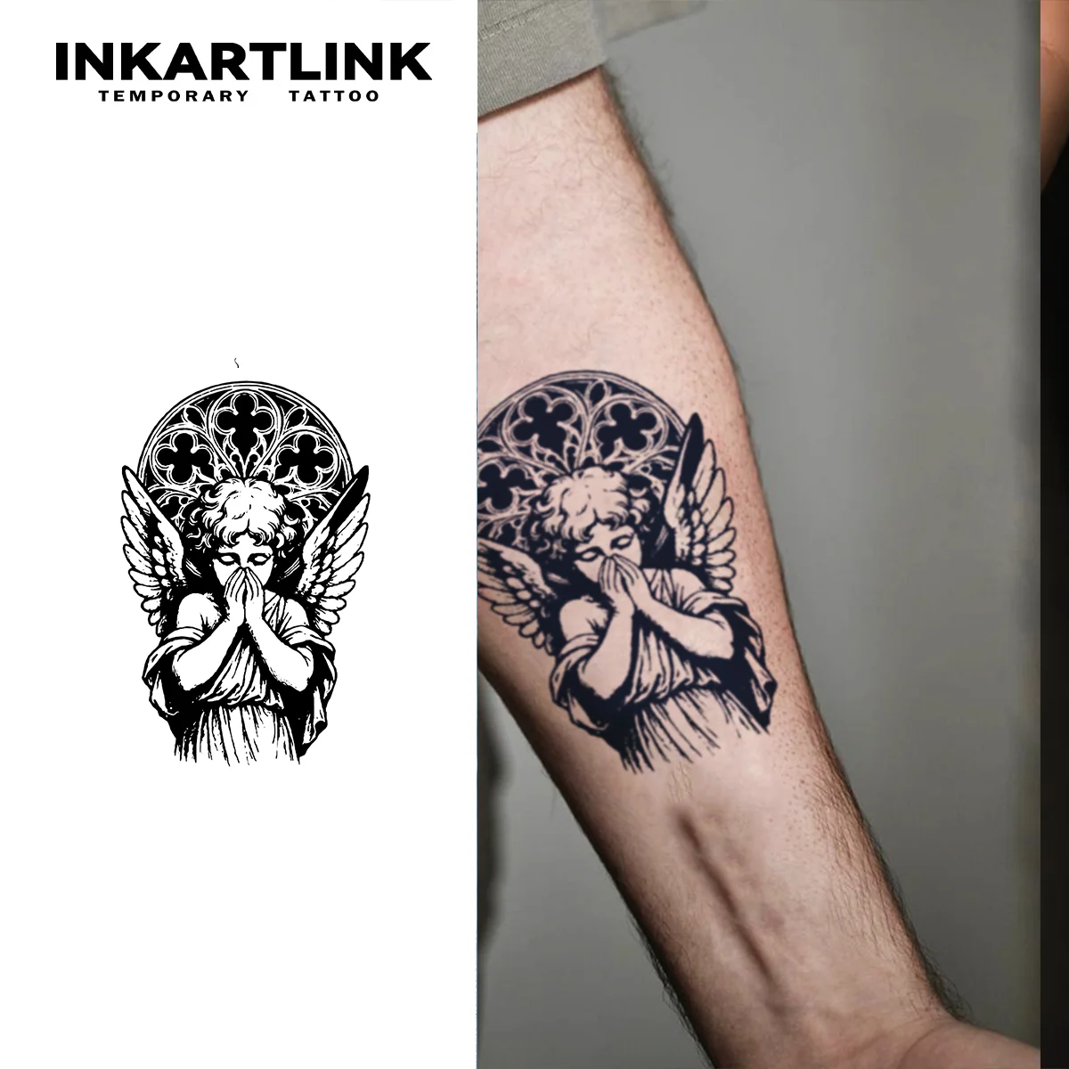INKARTLINK 1PC Herbal Gothic Prayer Angel Tattoo Lasts 2-5 Days, Unisex for Art Events & Vintage Style.