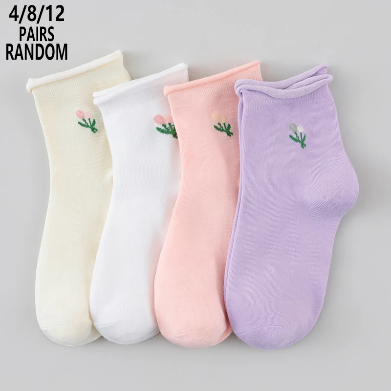4/8/12 Packs Random Women Floral Mid-Calf Socks, Soft Cotton Sweat-Wick Breathable Casual Ins Trendy Versatile Daily Crew Socks