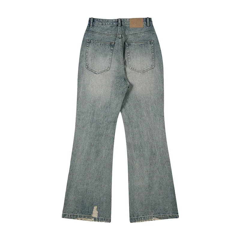 Distressed Jeans Men Ripped Hiphop Motocycle Denim Pants Flared Pants Boot Cut Men's Trousers Vintage Hollow Out Frayed
