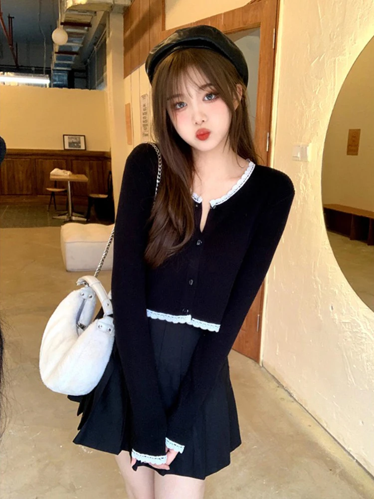 Black Cardigan For Women Chic Vintage Fall Slim College Girls Cropped Knitwear All-match Ulzzang Simple Stylish Female Sweater B