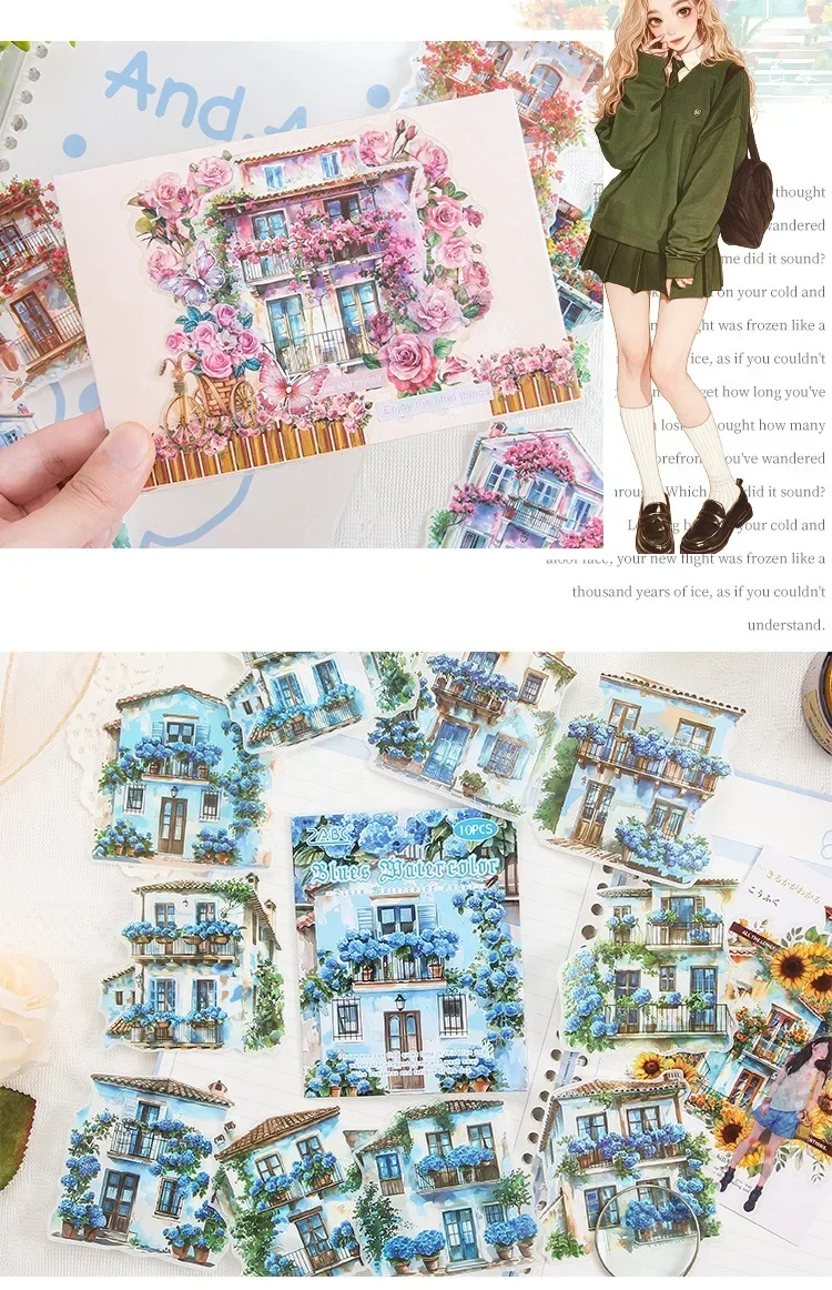 10 Pcs/bag Watercolor Mansion with Plants Flowers Washi Paper Sticker Bag Scrapbook Journaling DIY Decorative Collages