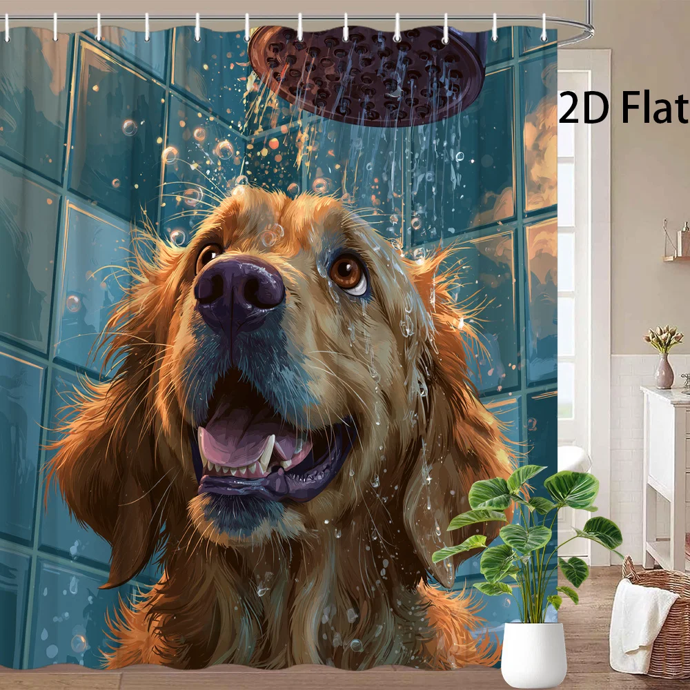 Funny Dog Shower Curtain Waterproof Bathroom Decor Cute Golden Retriever Pet Shower Curtain for Home Bathroom