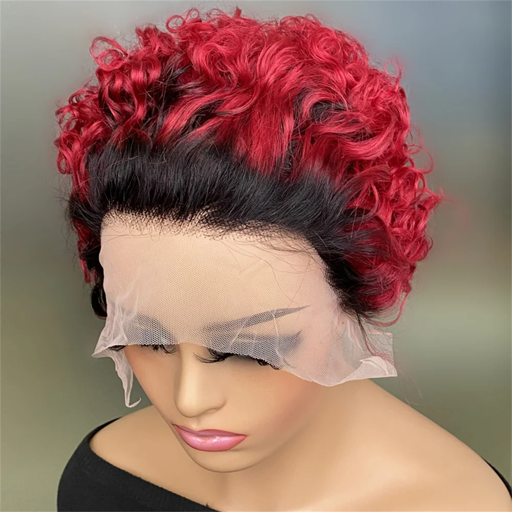 150% Dichtheid Remy Hair Pruik 13X1 Lace 6Inch Korte Krullend Mensenhaar Pruiken Voor Vrouwen 1Bbug Kleur Pixie Cut Dagelijks Feest Gebruik ﻿