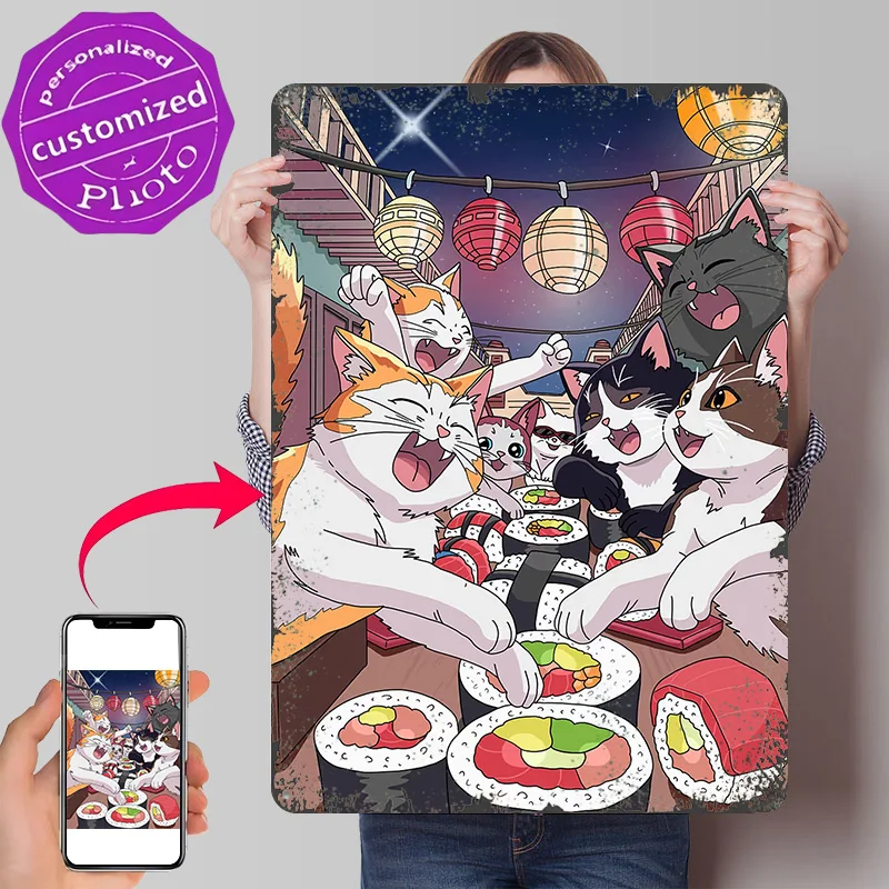 Cats Enjoying Sushi Under Lanterns Personalized 3D Textured Metal Poster Wall Art Tinplate Sign for Aesthetic Room Decor Men