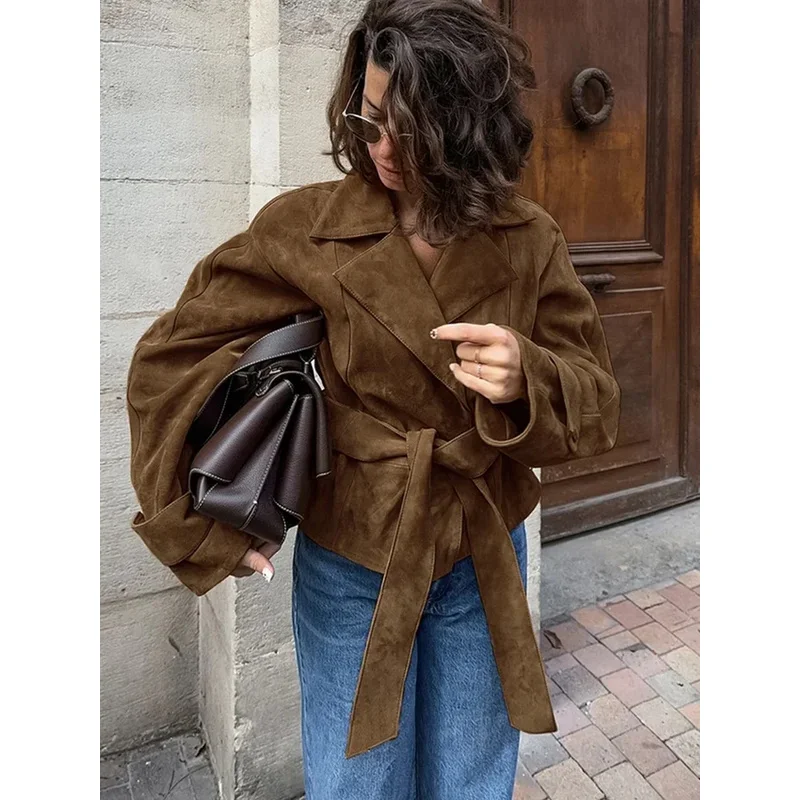 

Retro Brown Lace Up Shorts Suede Jacket Elegant Female Lapel Long Sleeves Slim Coats Autumn Chic Lady High Street Outwear