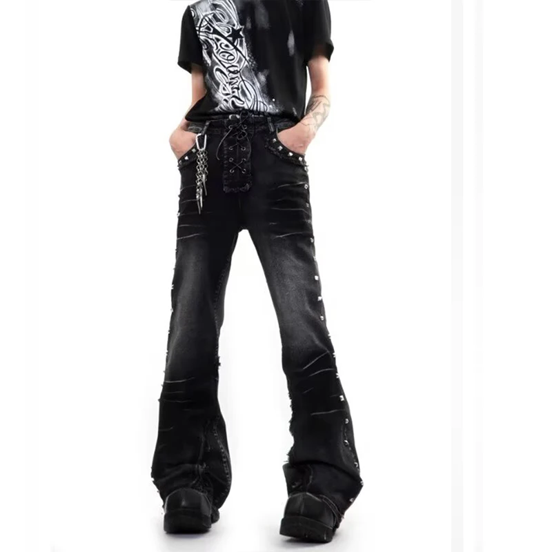 Ripped Skinny Jeans Low Waist Cotton Polyester Blend with Buckle And Nail Head Detailing Retro Washed for Youth And Students