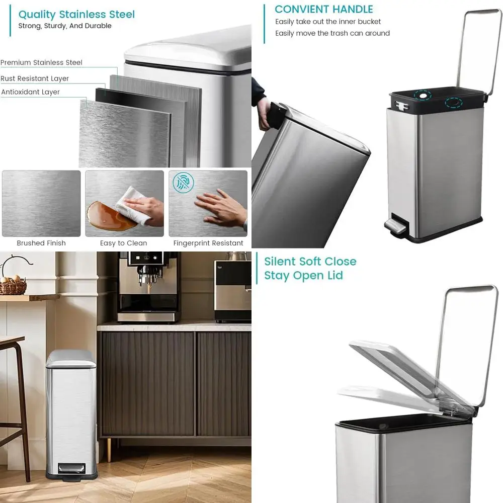 

12 Gallon Slim Stainless Steel Pedal Trash Can with Removable Inner Bucket and Soft-Close Lid, 45 Liter, Silver