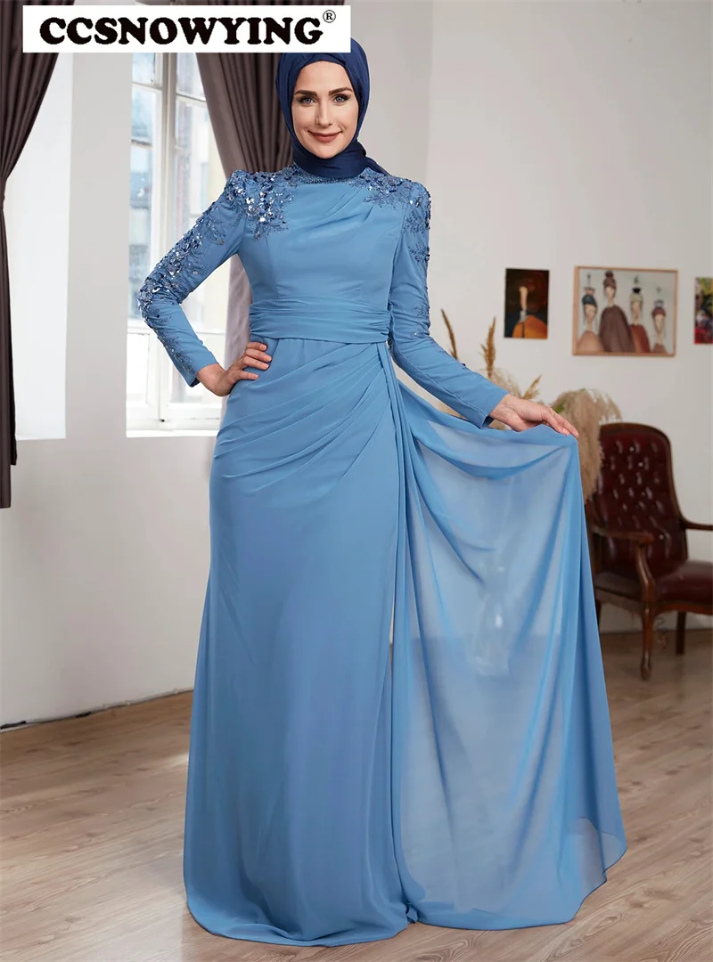 

Chiffon Appliques Full Sleeve Hijab Muslim Evening Dresses Islamic Formal Party Gowns Women A Line Arabic Kaftan Robes De Soirée