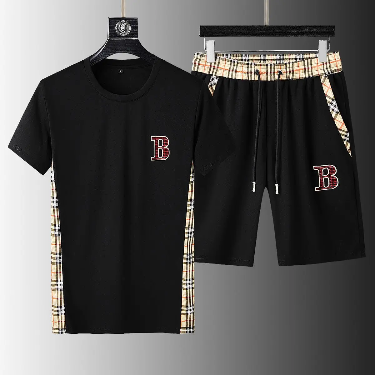 Summer men's new summer trend plaid sports casual short-sleeved shorts set
