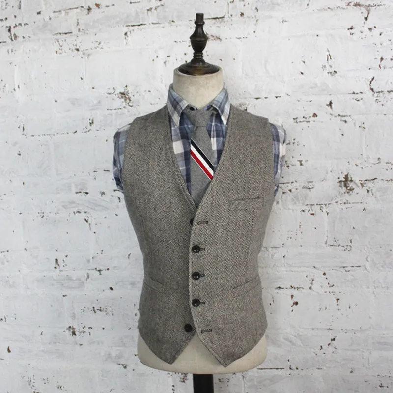 Men\'s Suit Vest Vintage Wool Herringbone Western Vest Steampunk Sleeveless Jacket colete de fato homem