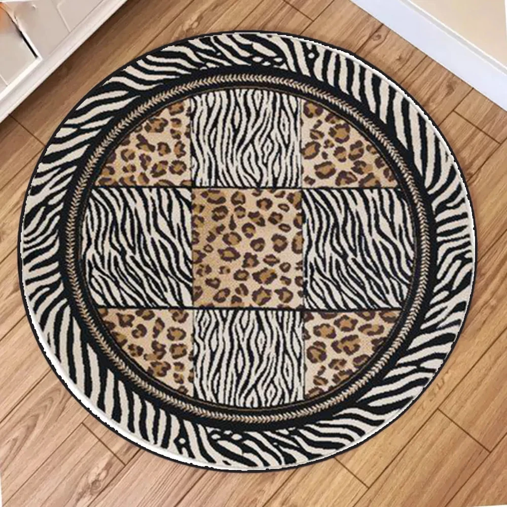 Animal Print Round Rug – Wild Leopard, Zebra, Deer & Tropical Floral Design, Soft Non-Slip Carpet for Living Room