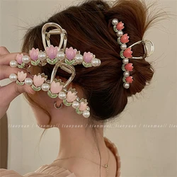 Large Retro Tulip Pearl Ponytail Hair Clip Metal Crab Claw Clip Women's Fashion Headdress Summer New Accessories