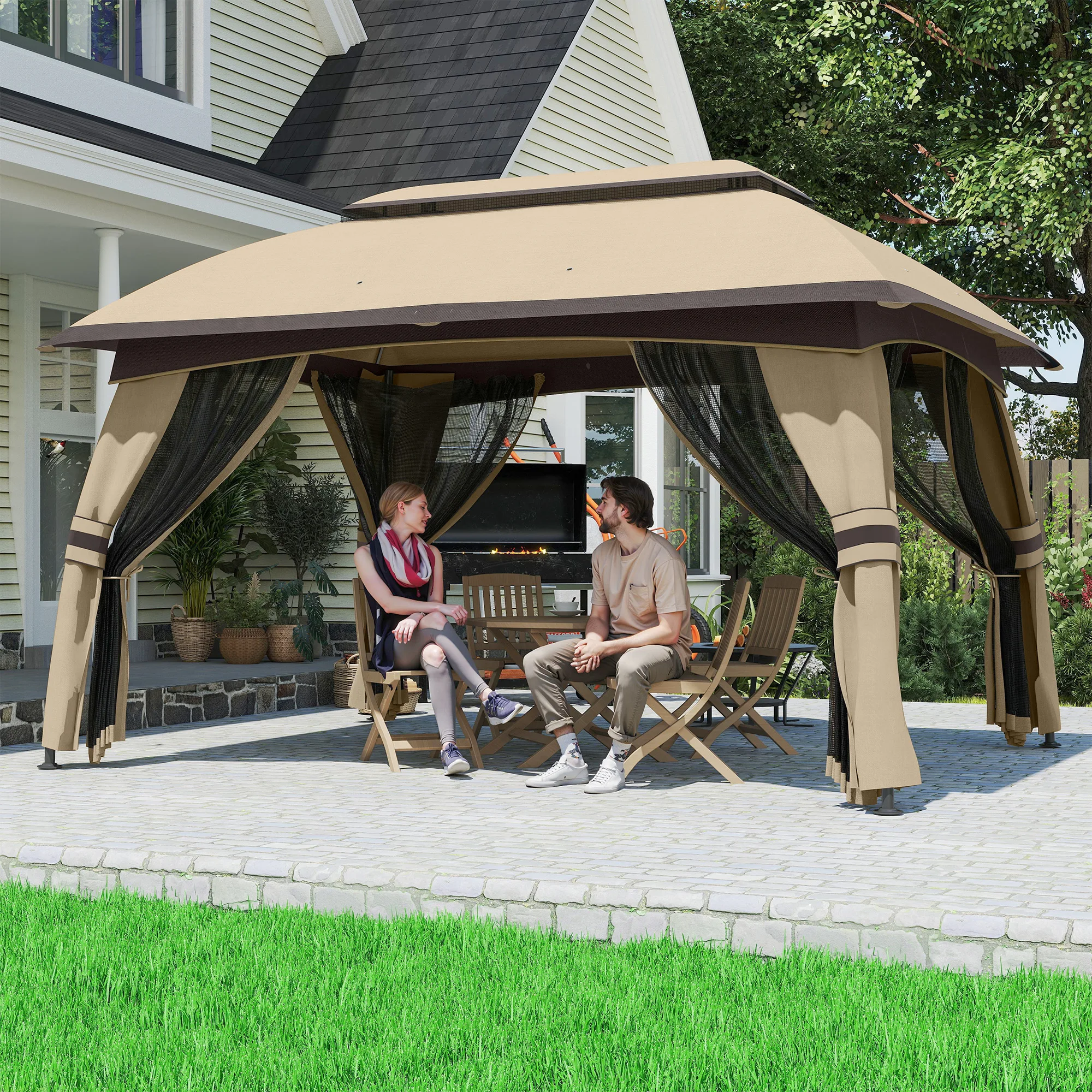 

10x13 Ft Beige Patio Gazebo with Mesh Netting and Vented Double Roof for Garden Outdoor Canopy Shelter Steel Frame
