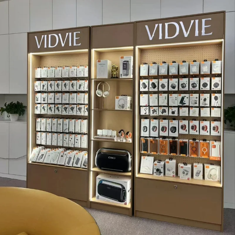 custom.Custom Modern Mobile Phone Accessories Wood Display Cabinet Data Cables & Mobile Power Light Duty