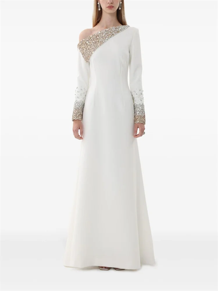 

Custom Crystal Embellished Evening Gown Long Sleeve One Shoulder Asymmetric Beaded Diamond Neckline Cuffs Waist Silhouette Dress
