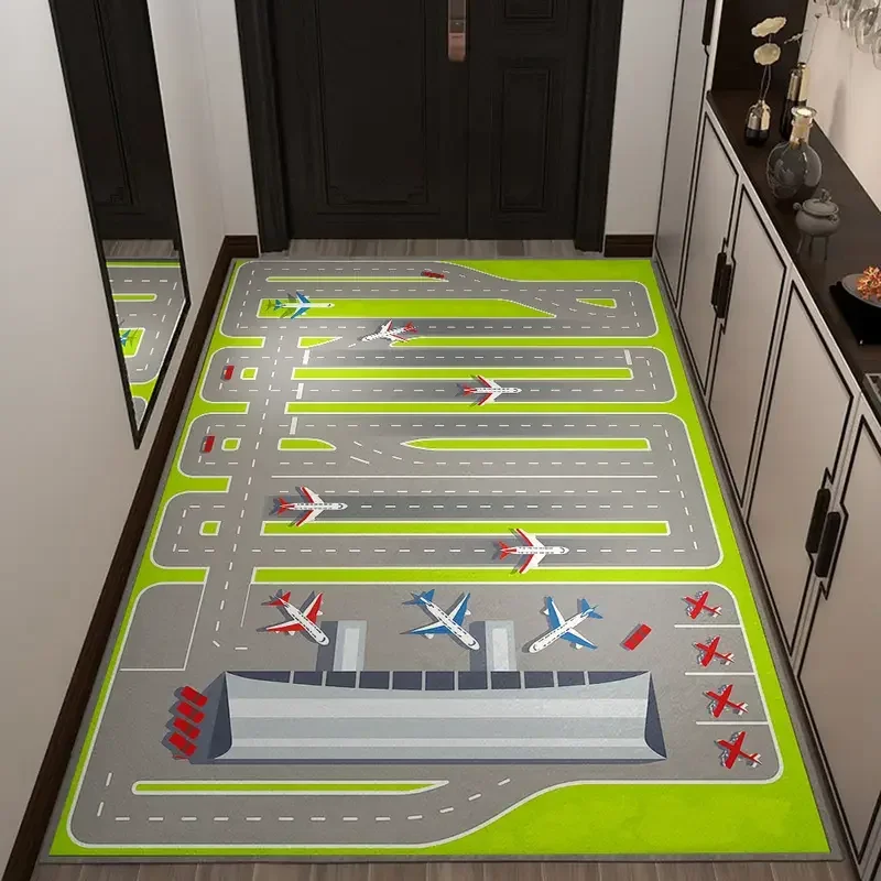 Kids Play Mats Cartoon Airport Landing Strips Top View Aircraft and Airplane Arrival Carpet Kids' Bedroom Playroom Nursery Decor