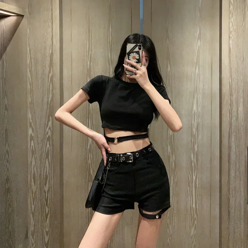 Kpop Hip Hop Kostium Gothic Clothes Women Jazz Pole Dance Black Crop Top Shorts Korean Girl Group Rave Festival Outfit 2023