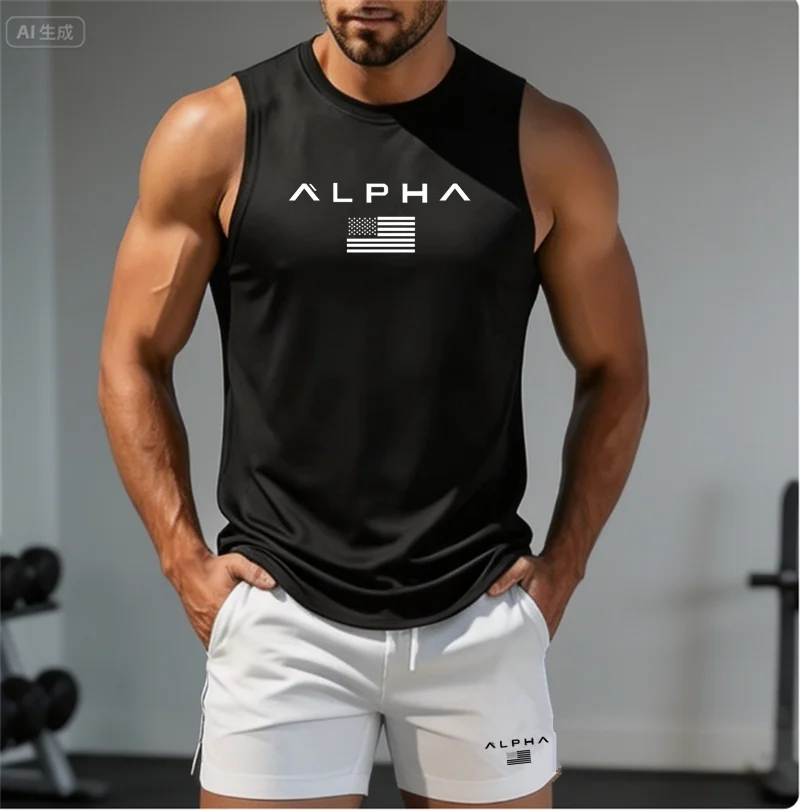 Colete de Fitness Masculino Alpha 2026 com Estampa e Gola Redonda + Shorts, Camiseta Interna de Basquete de Secagem Rápida para Músculos