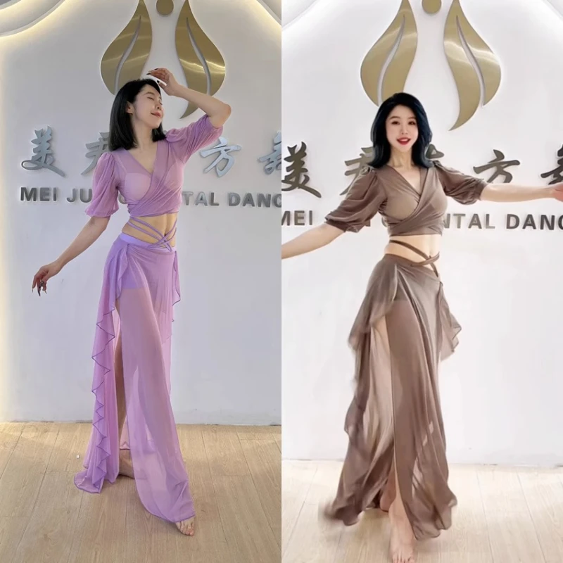 Belly Dance Professional Suit for Women Mesh Short Sleeves Top+sexy Split Long Skirt 2pcs Girl's Oriental Belly Dancing Suit