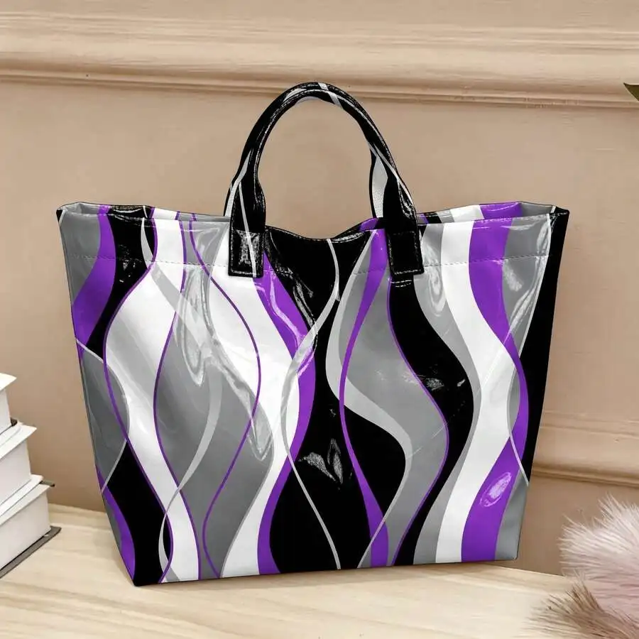 

Womens PVC Large Tote Bag With Purple Gray Black Wavy Geometric Pattern For Beach Travel Shopping