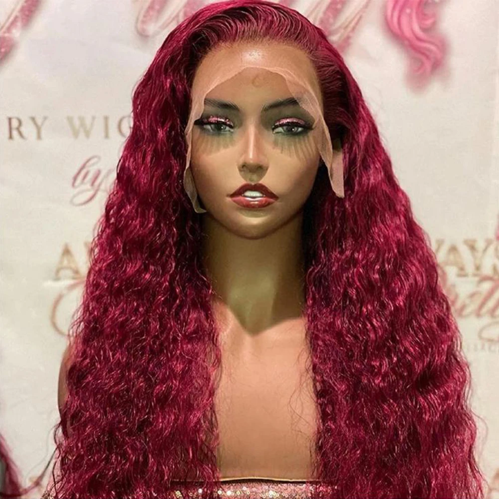 99J Red Deep Wave Burgundy Curly 13x6 hd Transparent Lace Frontal Human Hair Wig 200 Density Water Wave Brazilian Human Hair