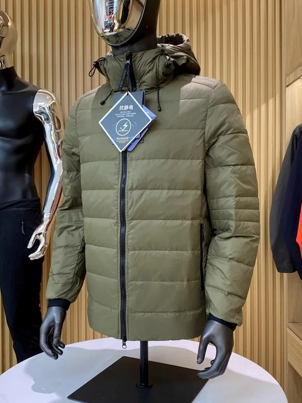 High-End-Herren-Daunenjaet, leicht, lässig, Outdoor, mit Kapuze, Du-Daunen, neuer Wintermantel, Reißverschluss, Polyesterstoff