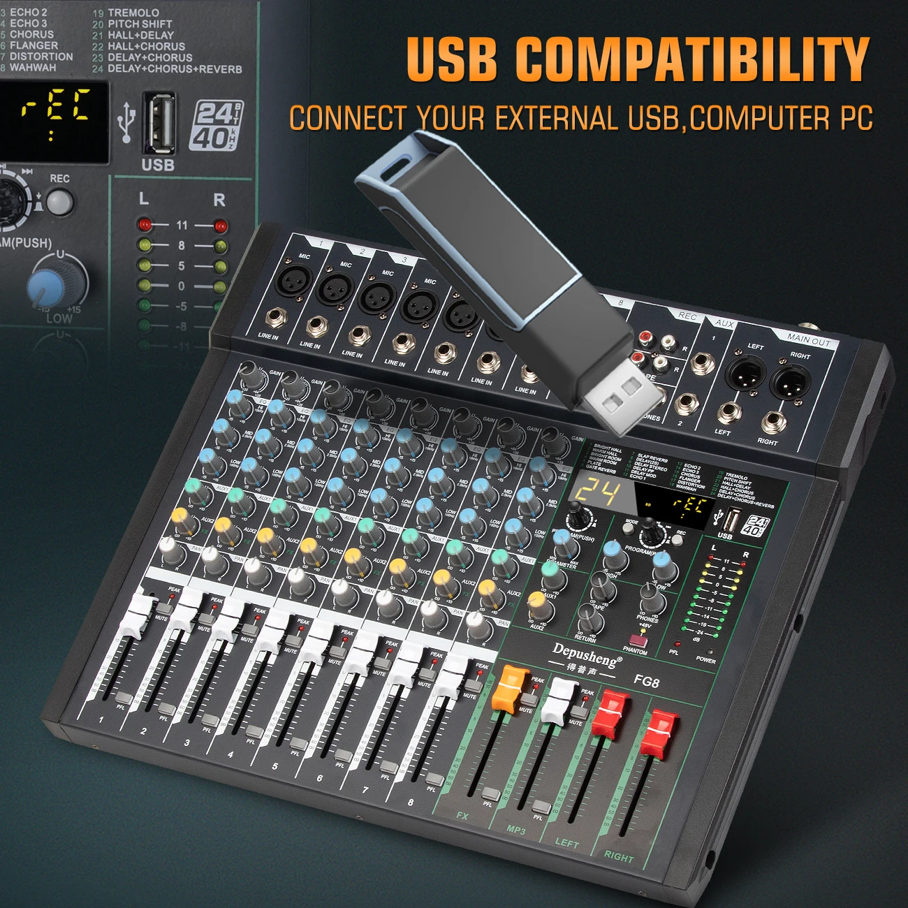 Mixer Audio deusheng FG8 8 canali DJ Mixing Console PC USB Record Bluetooth-funzione 24 effetti digitali 48V Phantom Power