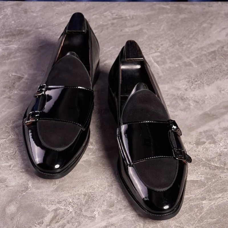 British Style Cowhide Shiny Breathable Monk Shoes Men Patent Leather Loafers Fashion Slip-on Men's Formal Leather Shoes Black