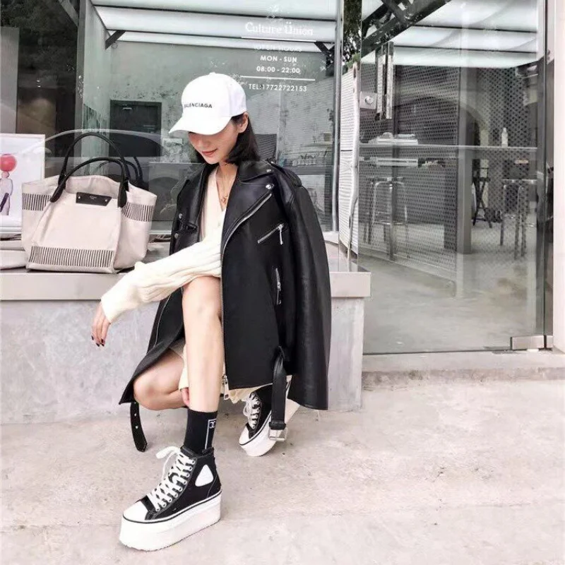 Wear High Top Lace Up Casual Shoes with Thick Soles and Worn-Out Holes for Commuting and Height Increasing Women's Shoes