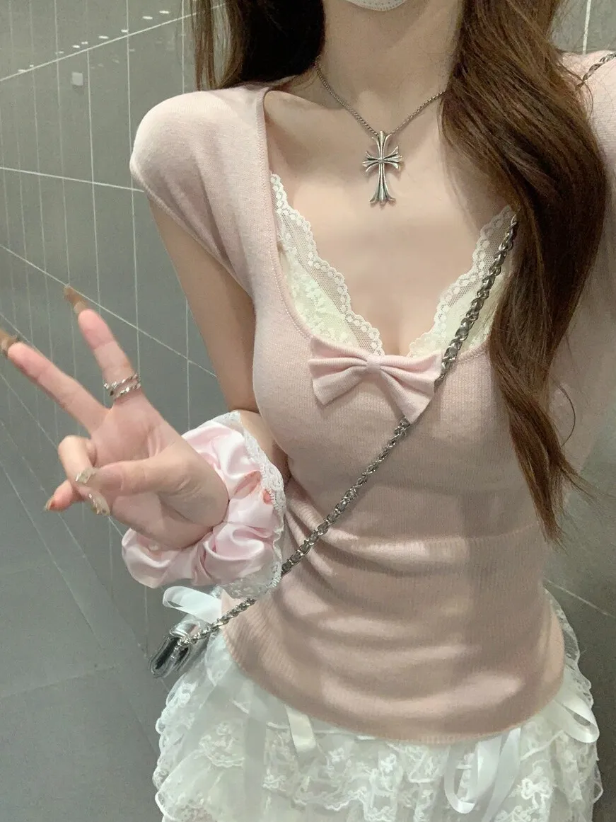 

Kumikumi Sweet Style Pink Square Collar Knitted Sweater Women's Summer Inner Lace Vest Two-Piece Set Knot Design ...