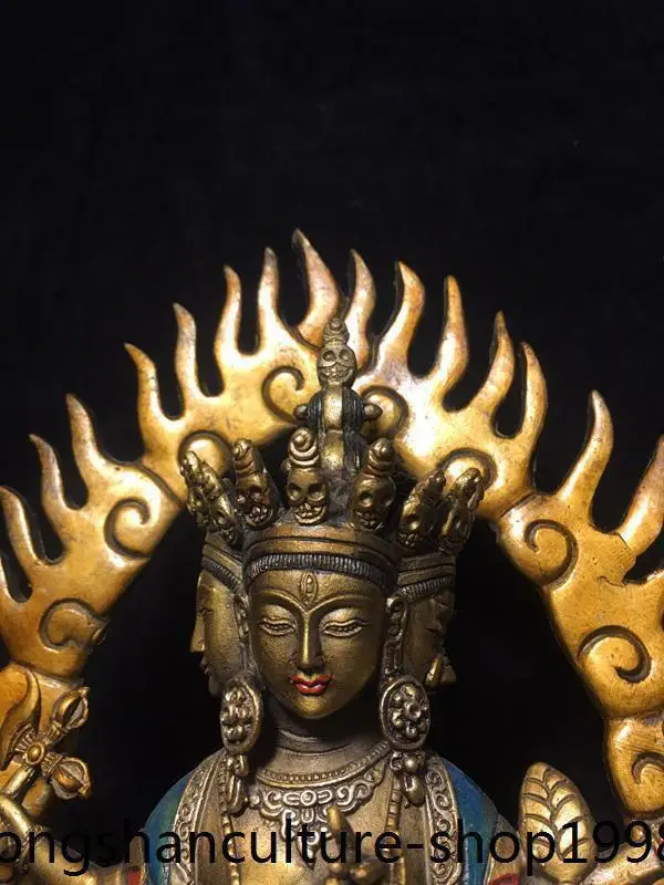 12.4'' Tibet Ancient temple bronze Gilt painted 3 Head 8 Arms Tara Buddha statue