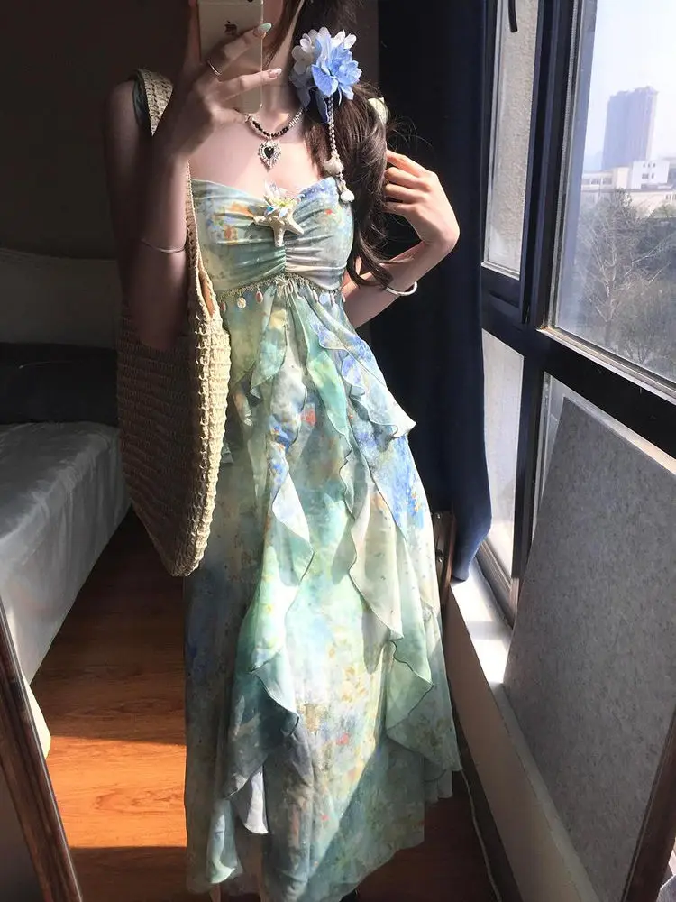 Ele Sommer Blumendruck Lang Dr Damen Trägerkleid Hohe Taille A-Linie Silhouette V-Neline Casual Vintage Sle